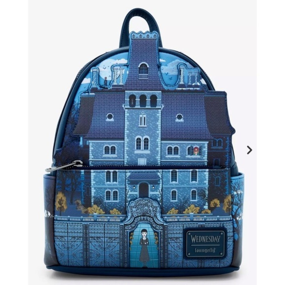 Loungefly Blue Wednesday Nevermore Academy Glows Dark Backpack NWT‎